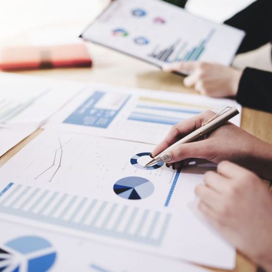 Businesswoman pointing pen on business document at meeting room. Progress Tracking